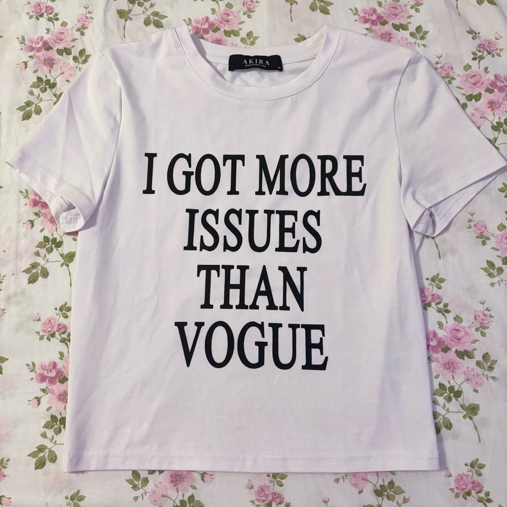 AKIRA White Graphic Tee with Black Text “More Issues Than Vogue” Size Medium